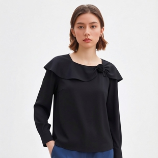 30年老品牌高端荷叶边花朵缎面雪纺衫 M魅系列26春装 丽新折扣女装