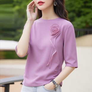 上衣 30年老品牌高端立体花朵优雅中袖 丽新折扣女装 M魅系列26春装