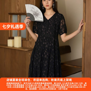 丽新折扣女装 M魅系列26夏装30年高档老牌委婉女黑色V领连衣裙153