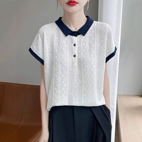 D丽新折扣 精仿羊毛欧根纱翻领拼色小飞袖短袖T恤女薄款百搭上衣