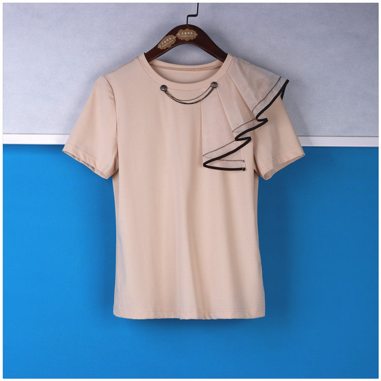 丽新折扣女装M魅系列25夏装独特大码30年老牌子荷叶边拼接圆领T恤