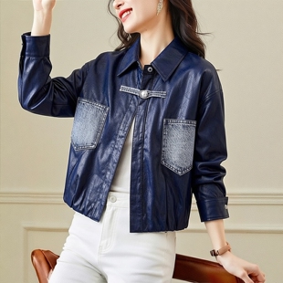 30年老品牌高端国风拼牛仔口袋皮衣 系列26春装 丽新折扣女装 M魅