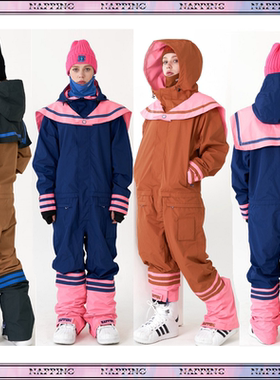 2021NAPPING韩国连体滑雪服单双板男女防水风耐磨衣裤粉驼深蓝J2