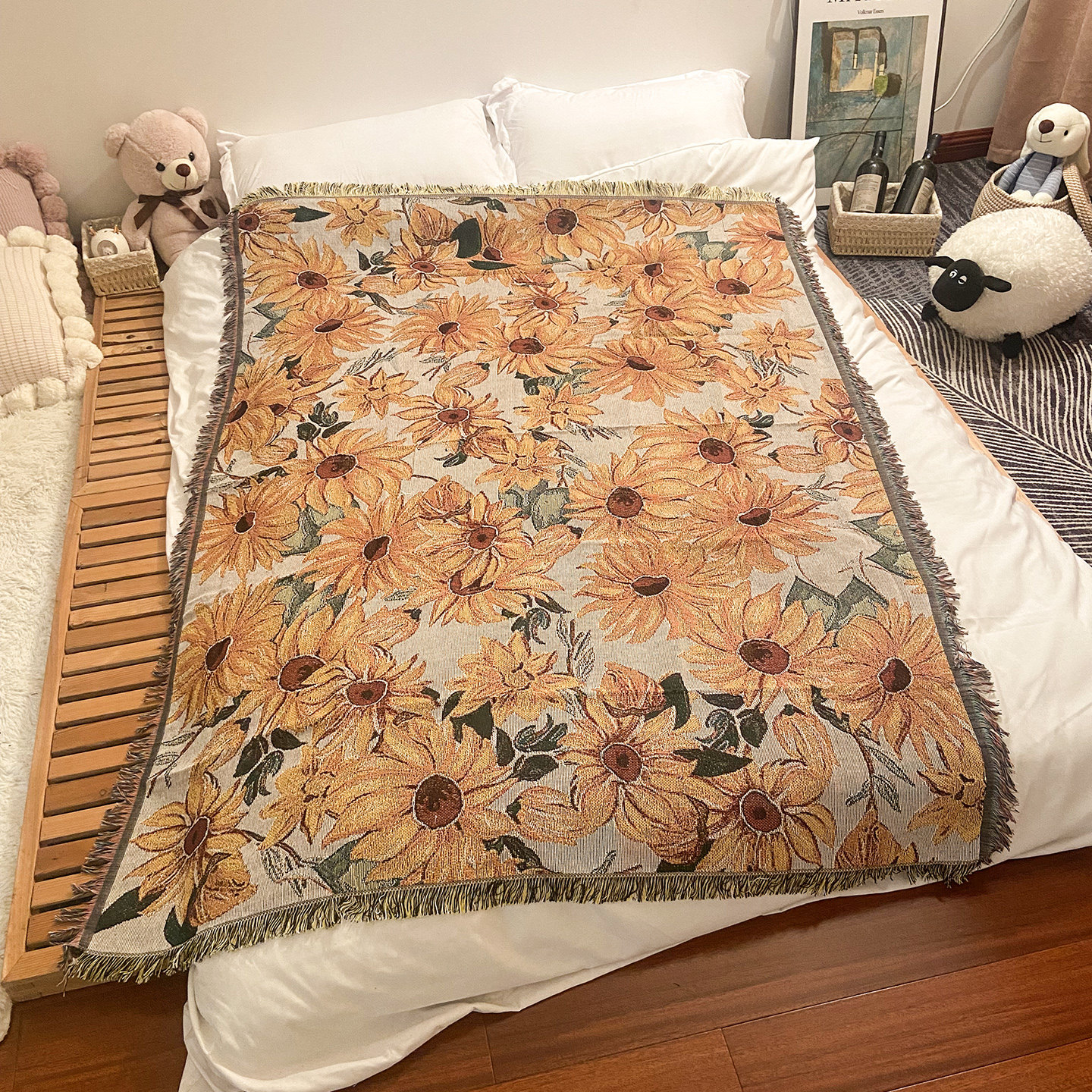 向日葵图案小毯子床上用办公室午睡毯流苏边沙发盖布毯多用途休闲