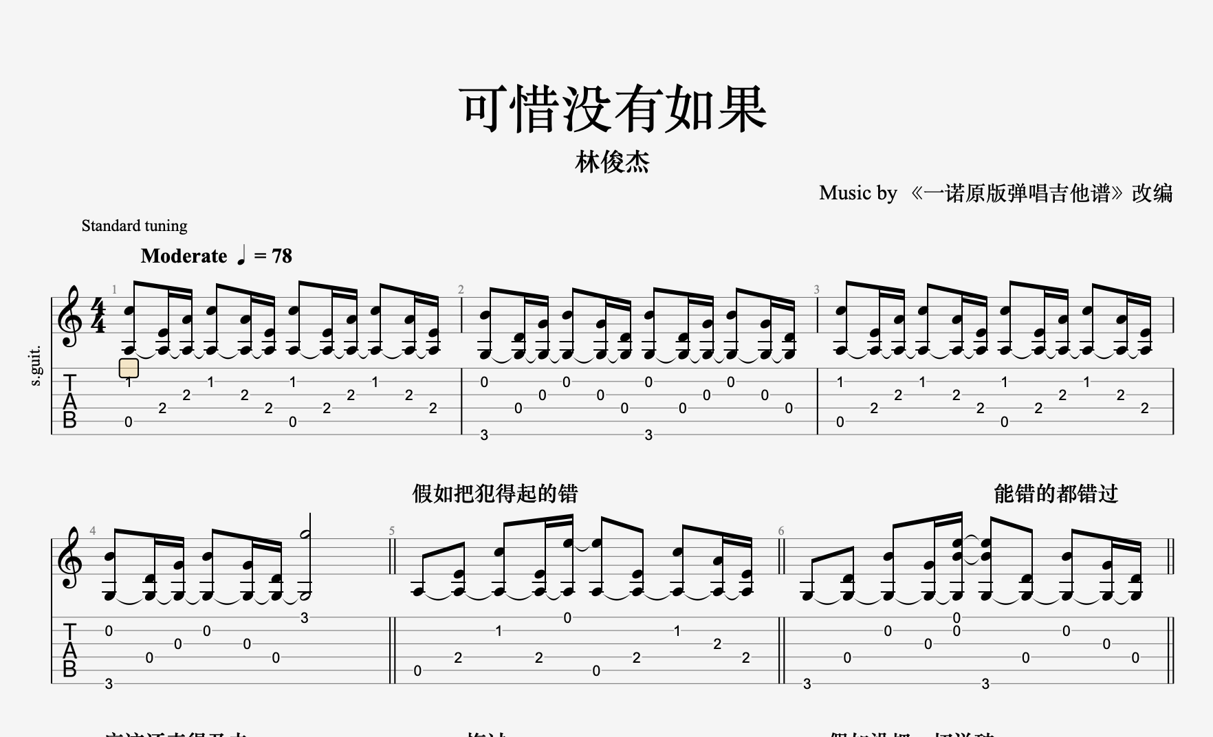一诺弹唱版《可惜没如果》吉他谱