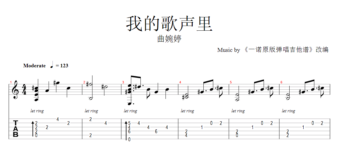 一诺弹唱版《我的歌声里》吉他谱 - 封面