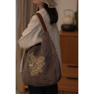 包包女斜挎包大容量刺绣帆布包棉麻国风新中式 包民族风单肩托特包