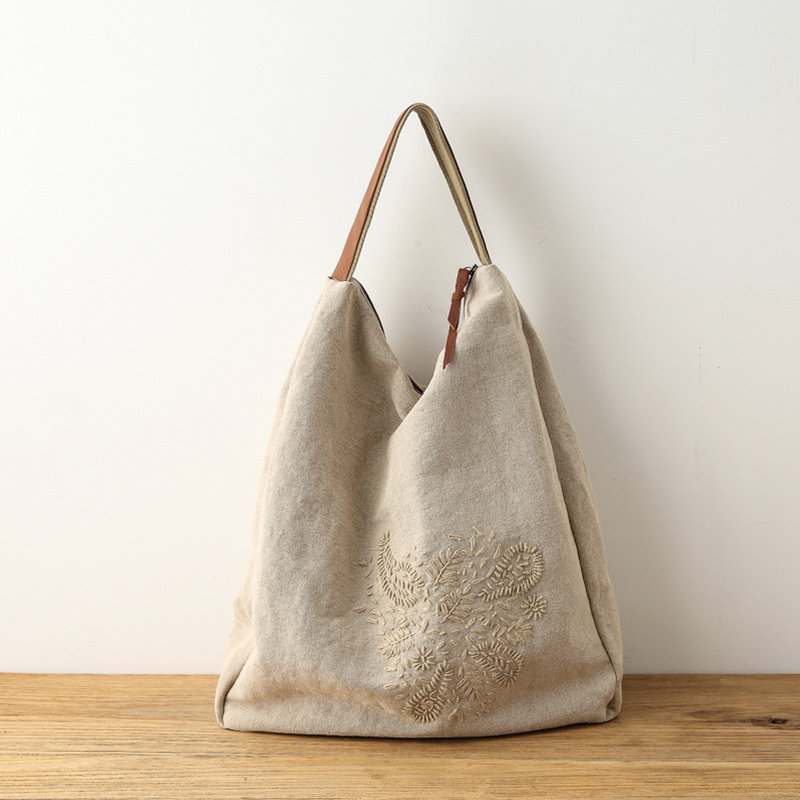 庸庸棉麻复古文艺帆布托特包女大容量新中式刺绣单肩包简约手提包