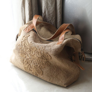 文艺棉麻刺绣托特包国风大容量斜挎单肩帆布包女小众民族风手提包