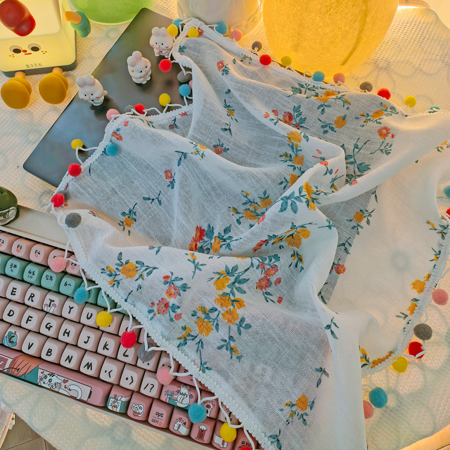 英伦风碎花棉麻笔记本键盘遮灰尘罩全盖式化妆收纳盒床头灯盖巾