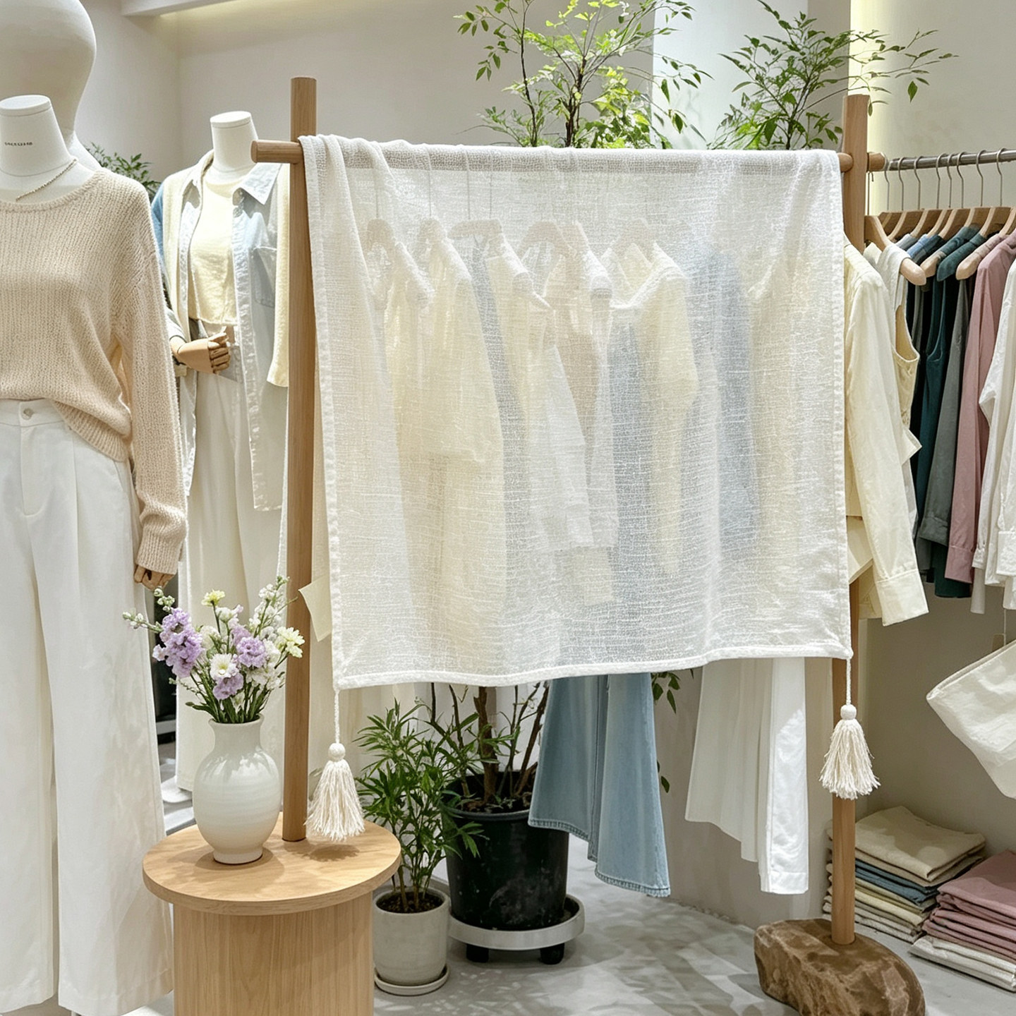 棉麻布艺服装店挂衣展示架遮挡布亚麻防尘围挡衣服盖布帘氛围布置