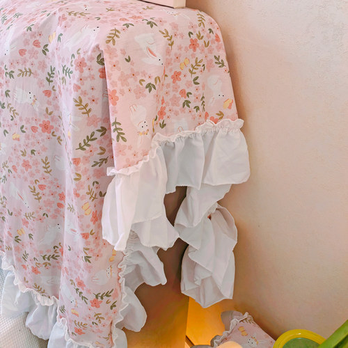 纯棉100全棉床头布罩2026新款四季通用粉色萌兔盖巾公主风不静电