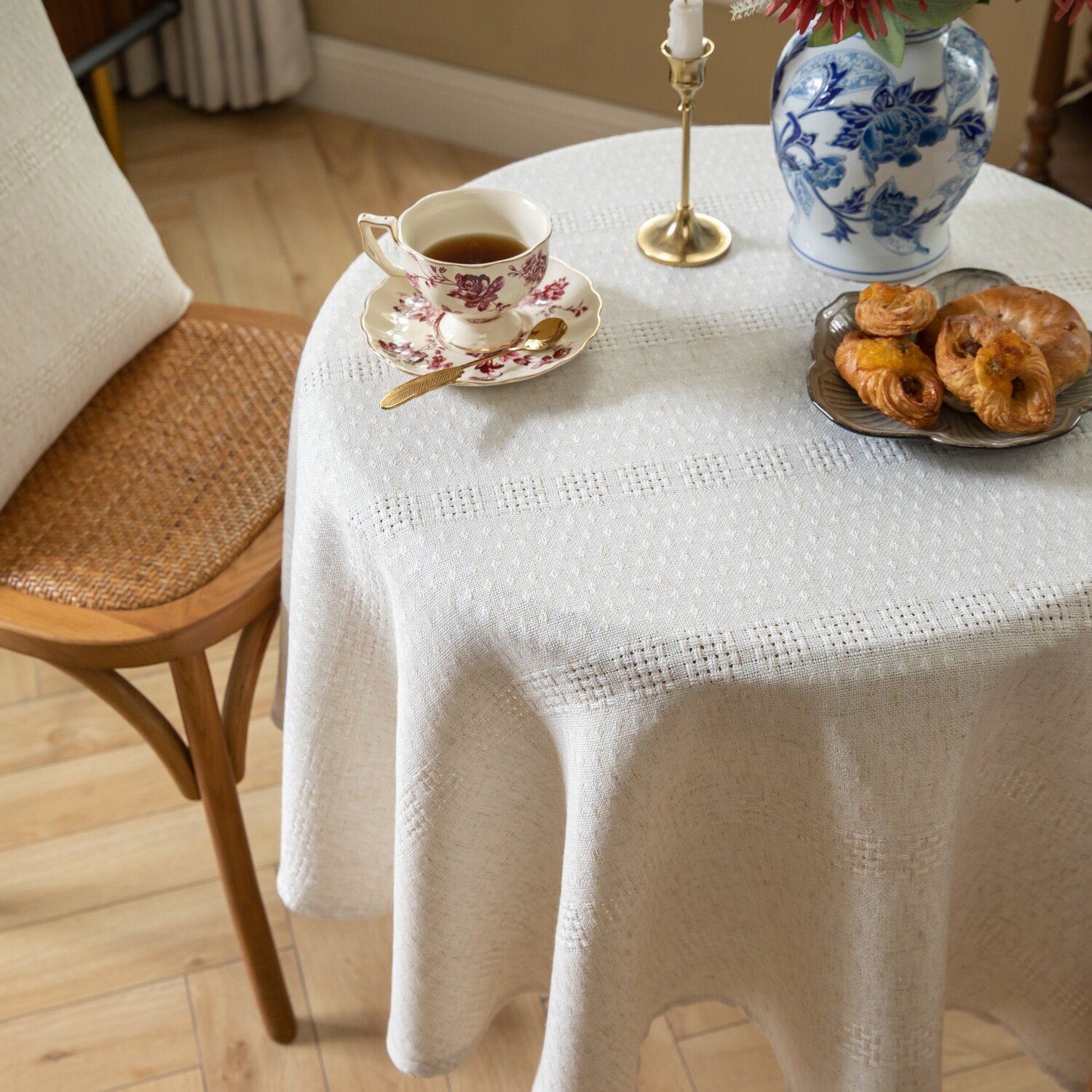 原创棉麻古朴中古风米白提花格子文艺茶桌西餐桌布台布茶几布定制