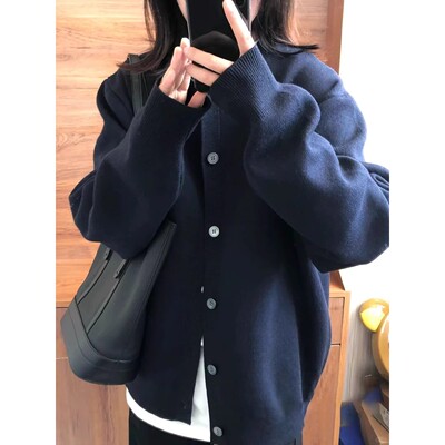 藏青色针织开衫女春秋宽松慵懒风别致休闲百搭高级感毛衣外套上衣