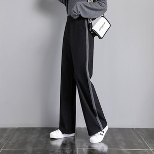 宽松阔腿百搭垂感休闲拼接撞色条纹裤 薄款 子 女春秋新品 纯棉运动裤