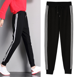 胖MM休闲束脚卫裤 运动裤 纯棉两条杠宽松松紧高腰大码 新款 女春秋季