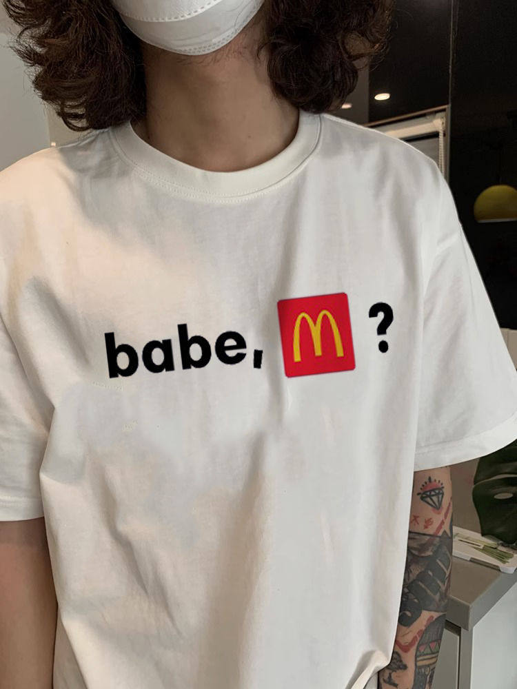 100%纯棉恶搞系列麦门"babe,m"圆领短袖t恤女宽松黑色情侣上衣男