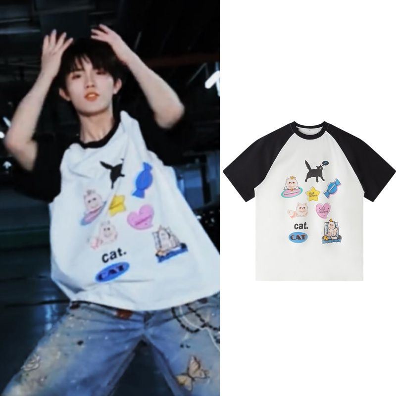 苏新皓同款衣服猫咪元素卡通印花插肩纯棉短袖男女夏季宽松半袖T