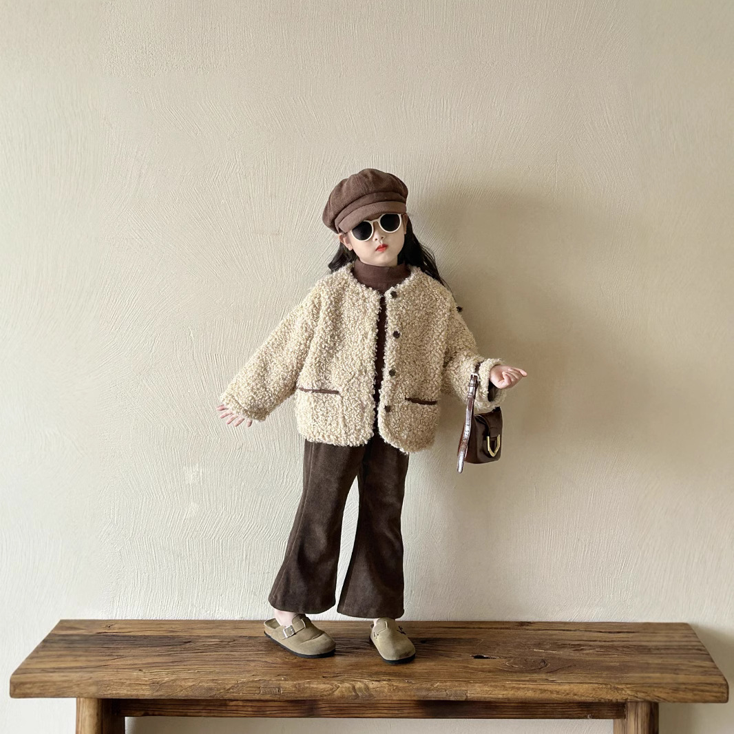 儿童韩版毛绒外套2024秋冬新款童装中小童宝宝小香风一体绒上衣