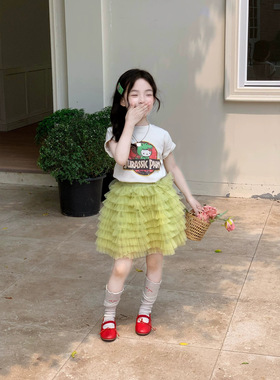 女童蛋糕纱裙2026夏款裙子甜美蓬蓬裙黄色tutu裙蛋糕半身裙短袖T