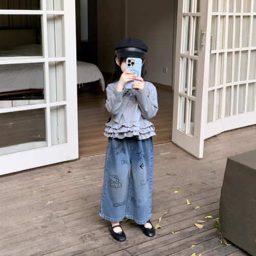 女童韩版上衣2025秋季新款童装中小儿童假两件木耳边T恤印花牛仔