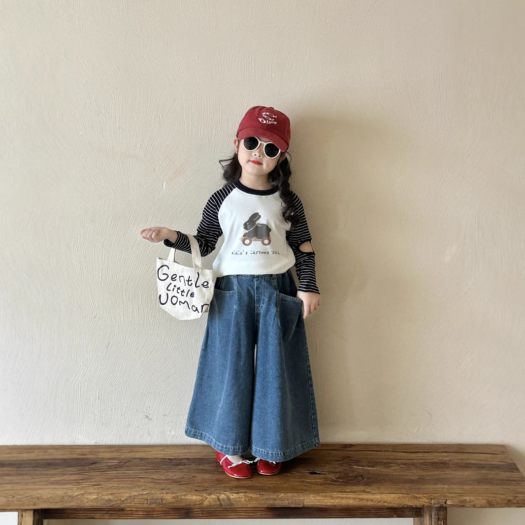 女童长袖T恤韩版春装2025新款洋气女宝宝卡通印花拼接条纹打底衫