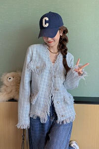 早秋蓝色小香风外套2024新款绝美法式小个子休闲名媛流苏气质上衣图片
