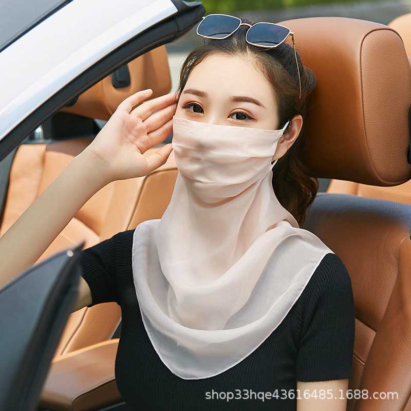 100%桑蚕丝防晒面纱真丝纱巾薄款透气面罩夏季女遮脸围巾护颈口罩