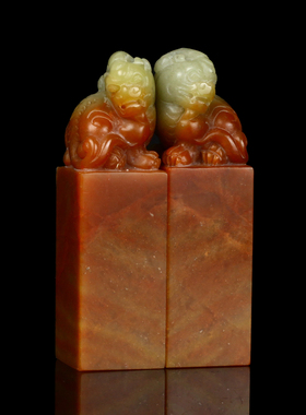 孤品017107-印度石兽钮对章-2.0*2.0*7.0cm