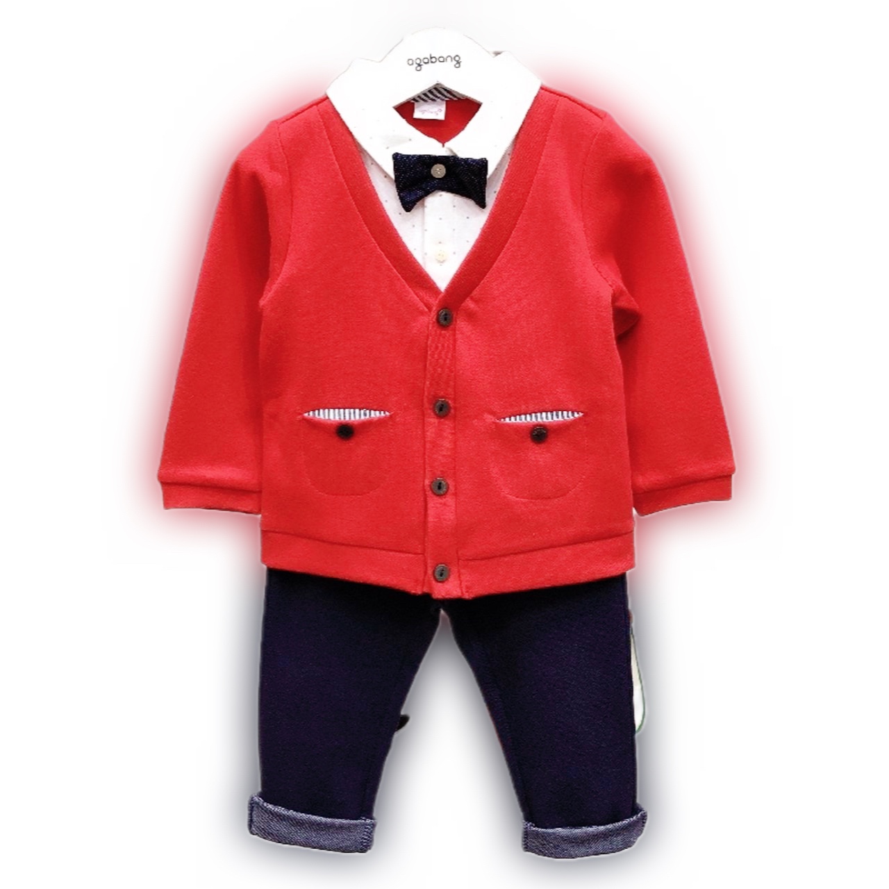 打折@agabang春秋款韩版儿童装长袖领结男童绅士套装