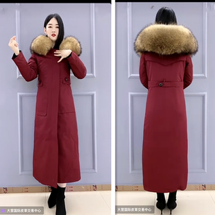 超长款修身款派克服可拆卸獭兔毛内胆修身真皮真皮草大衣女