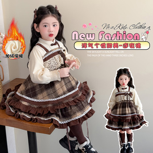 女童格子蛋糕洛丽塔冬装加厚蝴蝶结拼接连衣裙公主风新中式裙子