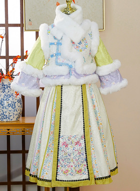 黄色格格服女童中国风冬装新品加厚汉服马面裙套装清朝唐装两件套