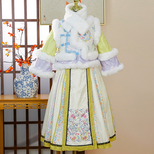 黄色格格服女童中国风冬装新品加厚汉服马面裙套装清朝唐装两件套