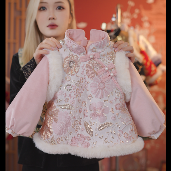 桃之夭夭女童冬加绒加厚汉服立体织金绣花新中式裤子套装儿童唐装,童装/婴儿装/亲子装,汉服,淘宝优惠券,粉丝福利购,淘宝优惠卷