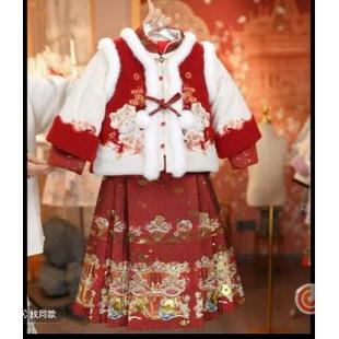 猫猫小财神女童冬中国风加厚汉服拜年服儿童唐装 新年红马面裙套装