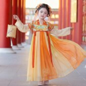 茱萸橙花女童春中国风汉服绣花齐胸襦裙小女孩唐装 儿童超仙连衣裙