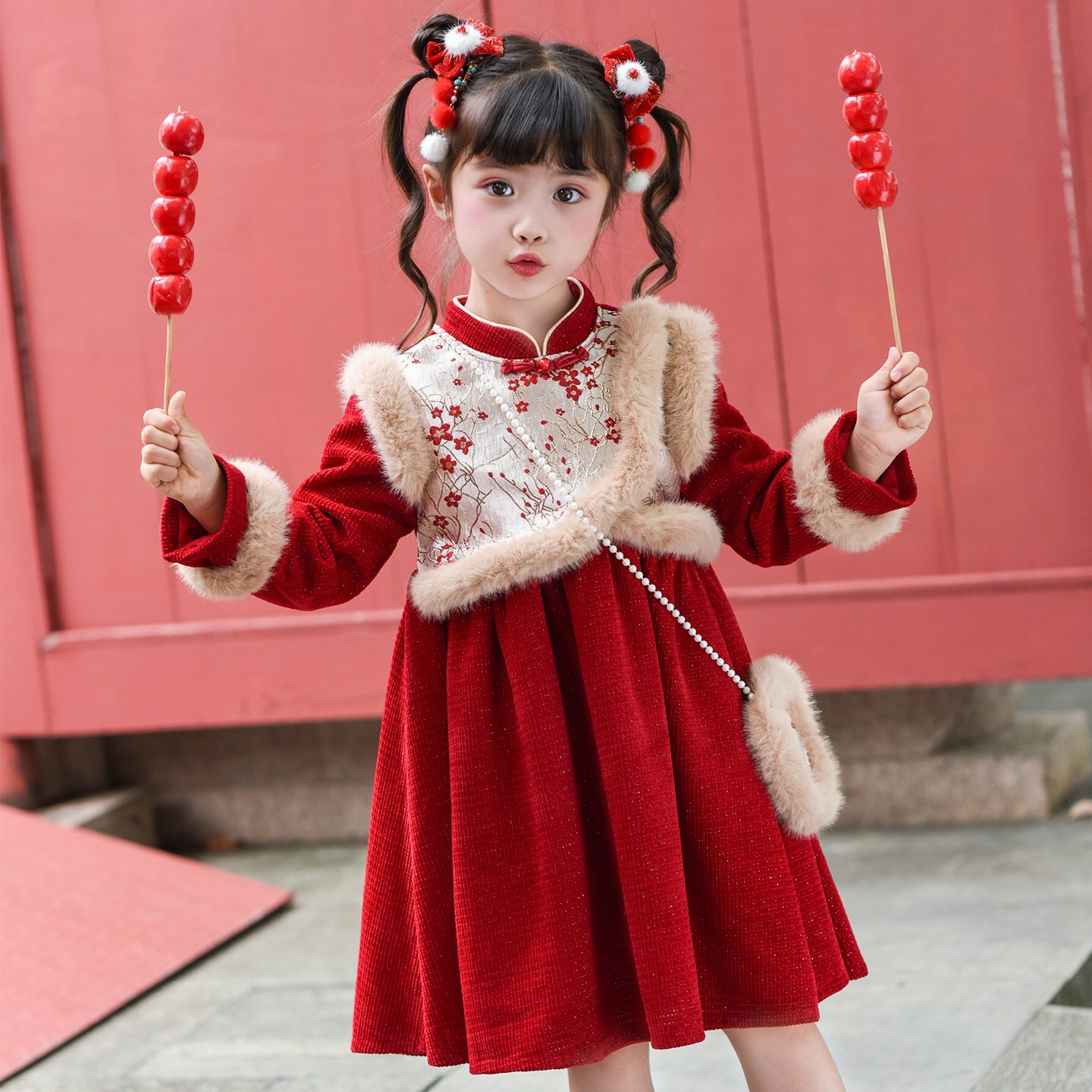 女童冬中国风汉服加绒连衣裙年服