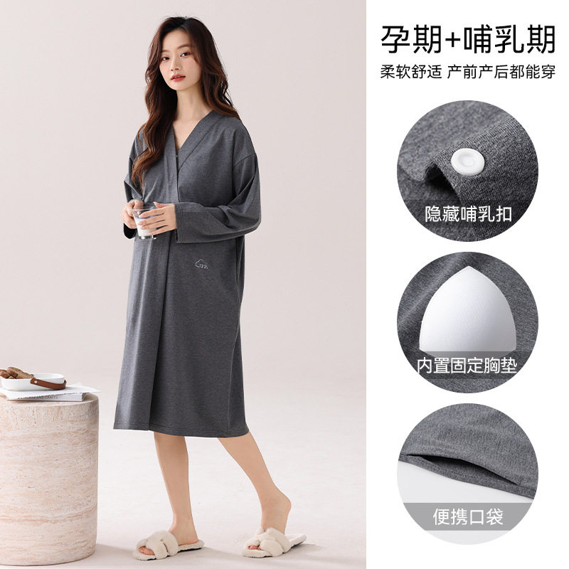 带胸垫纯棉孕妇睡裙女款春秋款V