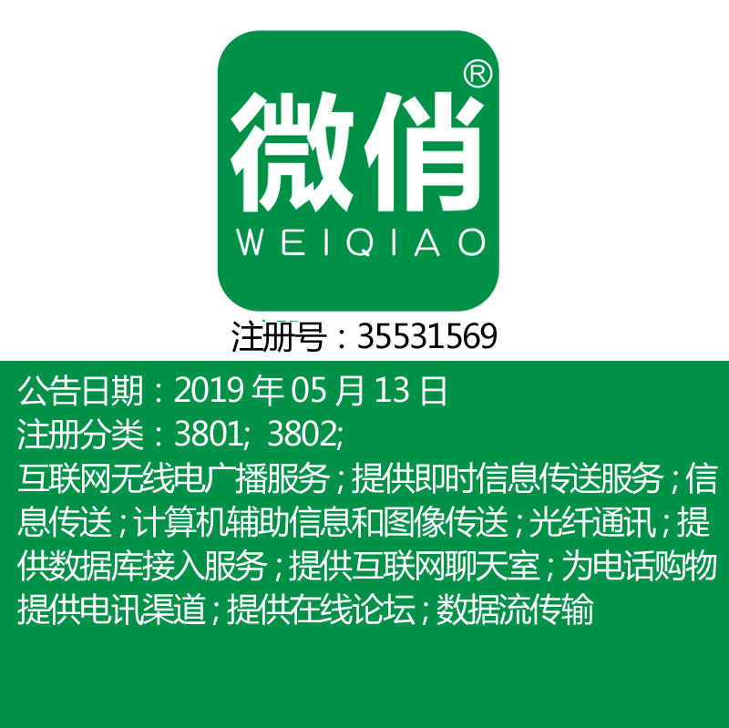 38类《微俏》互联网;光纤通讯;数据库;网聊天室;数据流传输;论坛