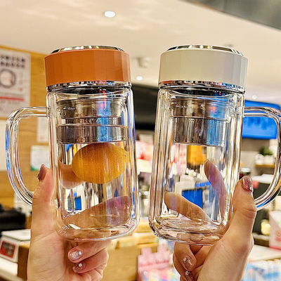 双层隔热玻璃杯带把手茶水分离
