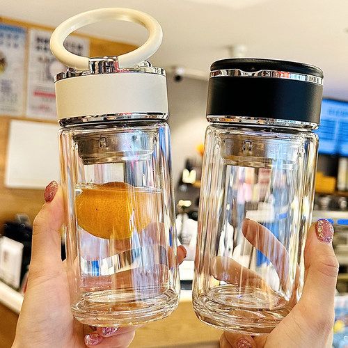 水杯2026新款女高级感轻奢高颜值双层玻璃杯分离泡茶杯子便携小巧