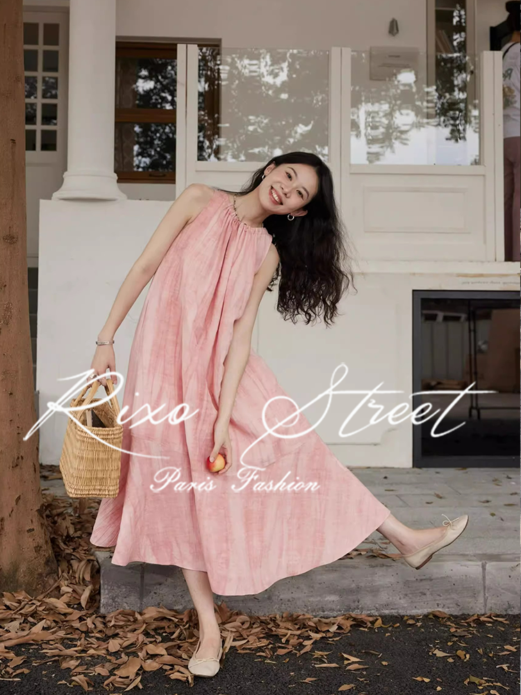 Retro fuchsia advanced sleevless dress, skirt, french style, cotton and linen, high-quality style, loose fit