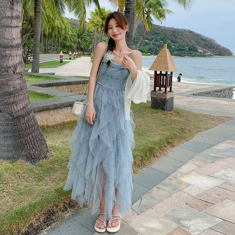 蓝色抹胸吊带网纱连衣裙女2025夏季新款海边度假风收腰绝美仙女裙,女装连衣裙,2C153