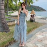 蓝色抹胸吊带网纱连衣裙女2025夏季新款海边度假风收腰绝美仙女裙，女装连衣裙，2C153