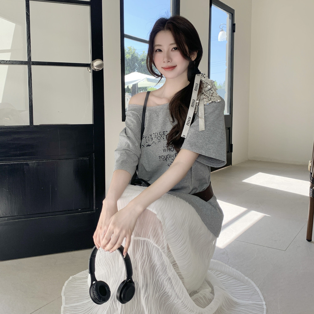 休闲运动露肩T恤半身裙套装女夏2025新款两件套ootd穿搭减龄韩系,女装套装/套裙,2C153