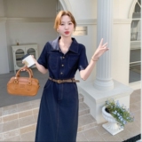 深蓝色淡人系收腰牛仔连衣裙女2025夏季复古小个子气质显瘦衬衫裙，女装连衣裙，2C153