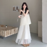 米白色小香风超仙两件套女2025夏季新款设计感无袖背心网纱半身裙，女装连衣裙，2C153