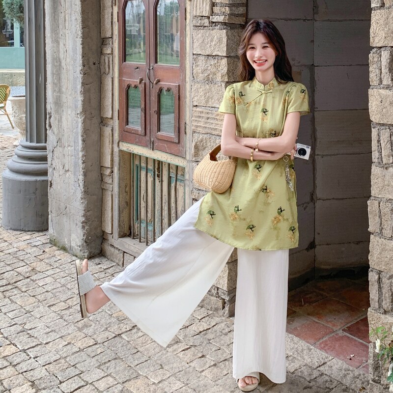 新中式国风阔腿裤套装女气质2025夏季新款时尚复古印花上衣两件套,女装套装/套裙,2C153