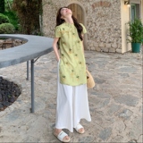 新中式国风阔腿裤套装女气质2025夏季新款时尚复古印花上衣两件套，女装套装/套裙，2C153